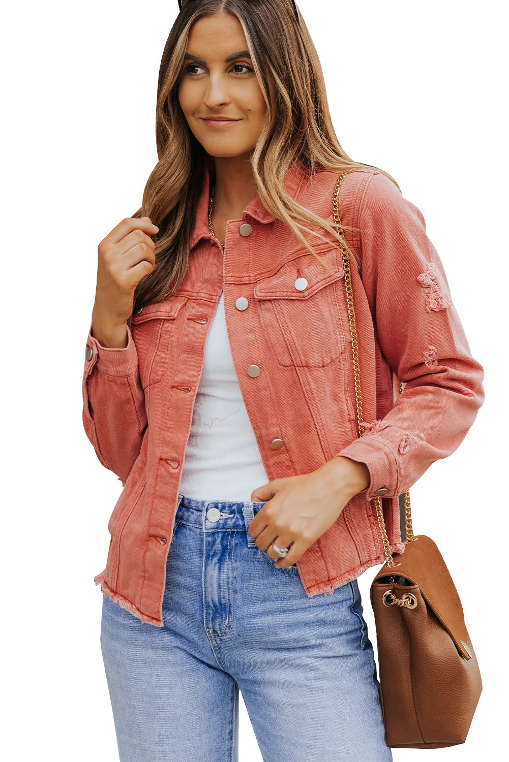 Women's Jean Jacket Long Sleeve Lapel Distressed Raw Hem Buttons Denim Coat