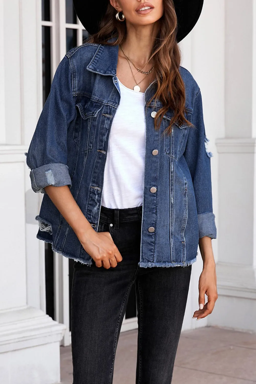 Women's Jean Jacket Long Sleeve Lapel Distressed Raw Hem Buttons Denim Coat