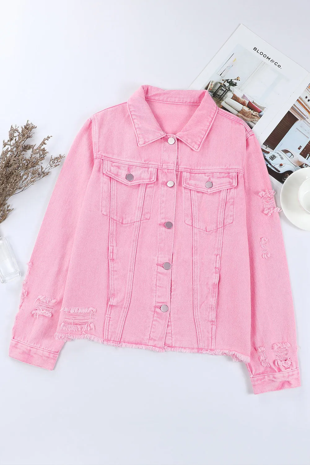 Women's Jean Jacket Long Sleeve Lapel Distressed Raw Hem Buttons Denim Coat