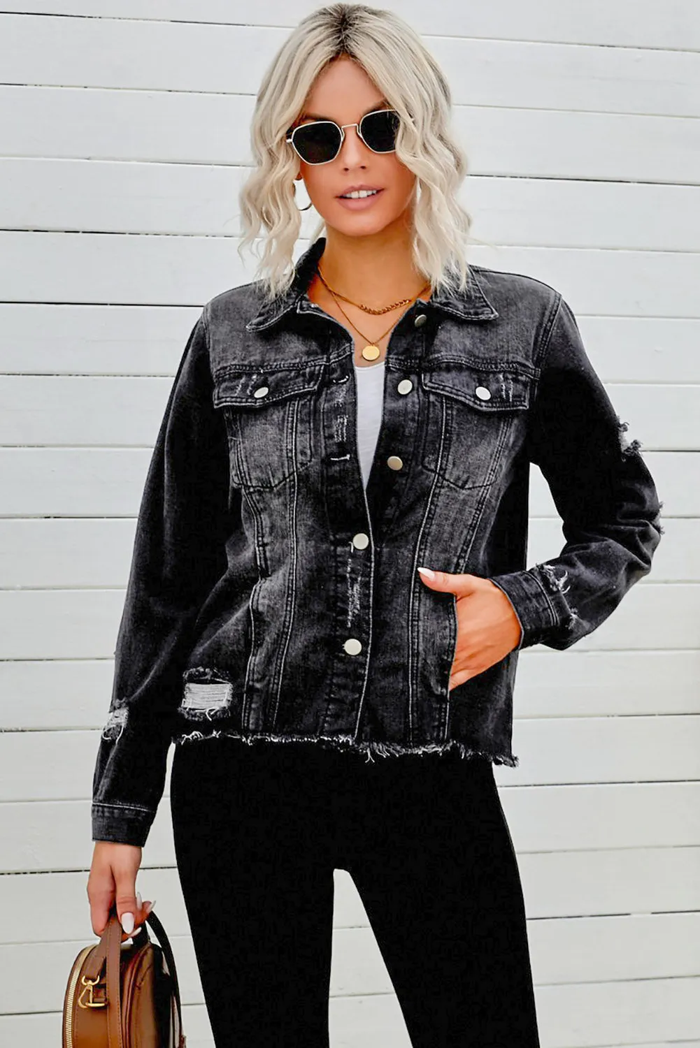 Women's Jean Jacket Long Sleeve Lapel Distressed Raw Hem Buttons Denim Coat