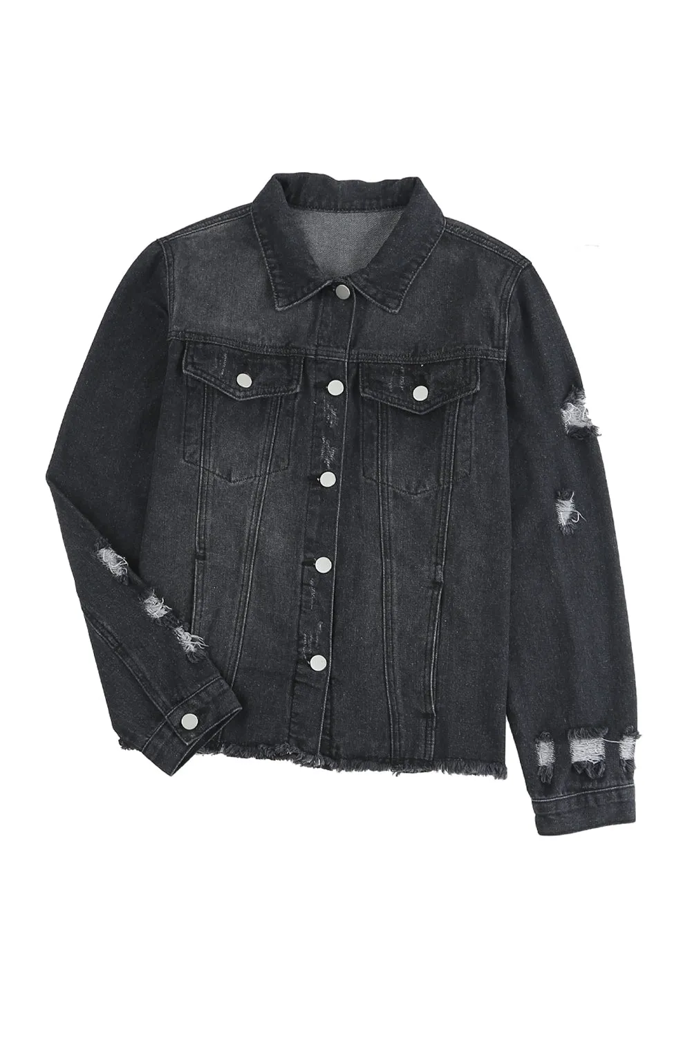 Women's Jean Jacket Long Sleeve Lapel Distressed Raw Hem Buttons Denim Coat