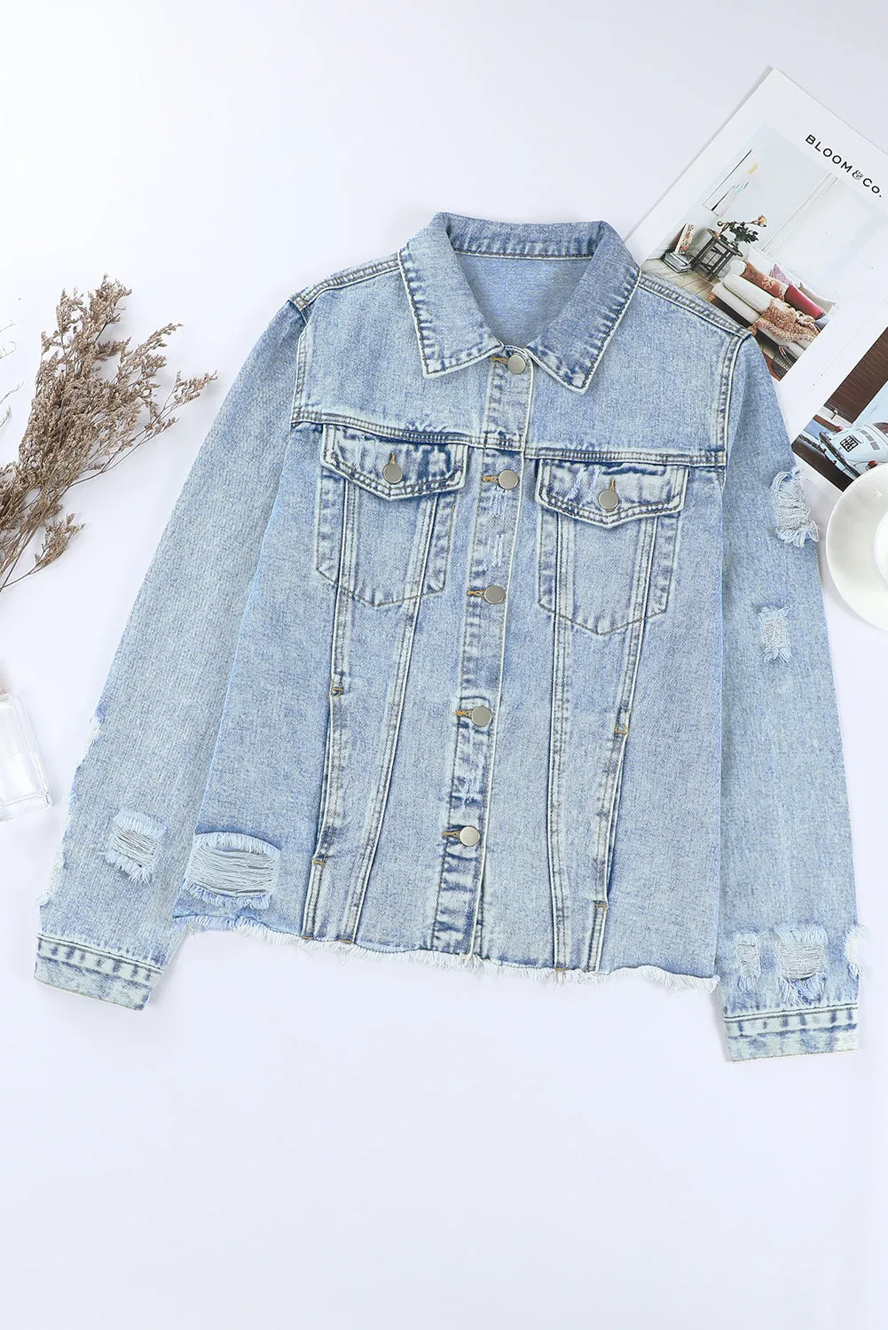 Women's Jean Jacket Long Sleeve Lapel Distressed Raw Hem Buttons Denim Coat