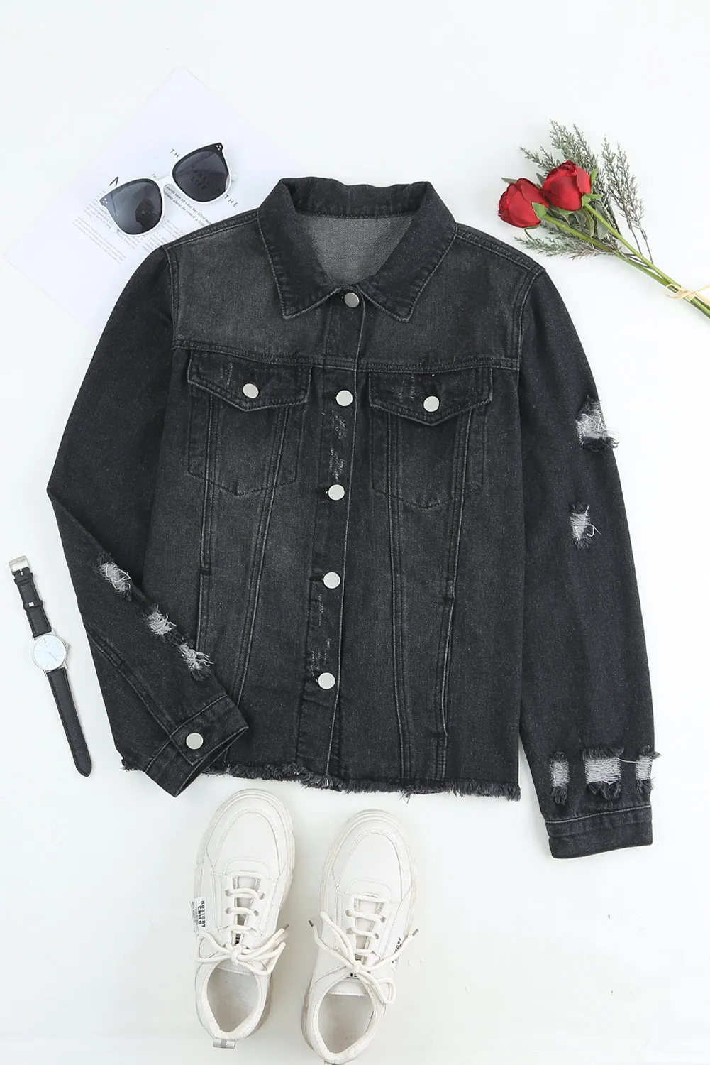 Women's Jean Jacket Long Sleeve Lapel Distressed Raw Hem Buttons Denim Coat