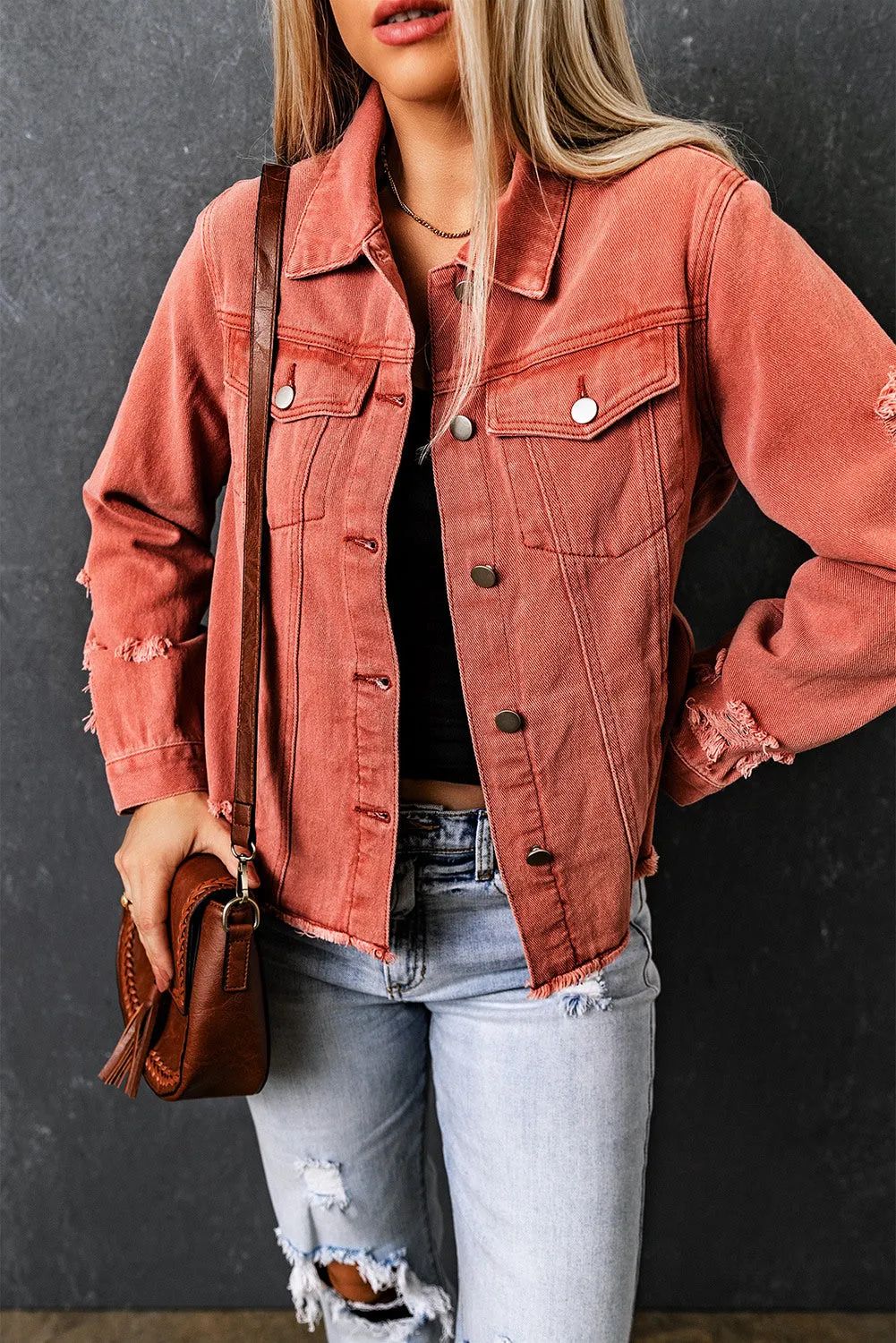 Women's Jean Jacket Long Sleeve Lapel Distressed Raw Hem Buttons Denim Coat