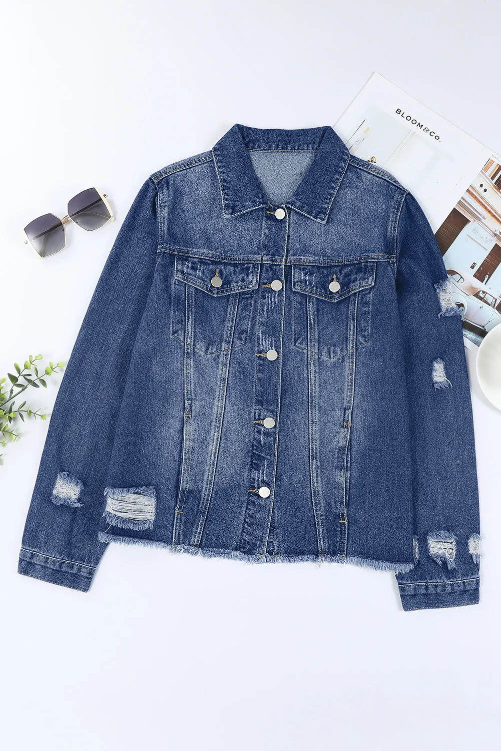 Women's Jean Jacket Long Sleeve Lapel Distressed Raw Hem Buttons Denim Coat