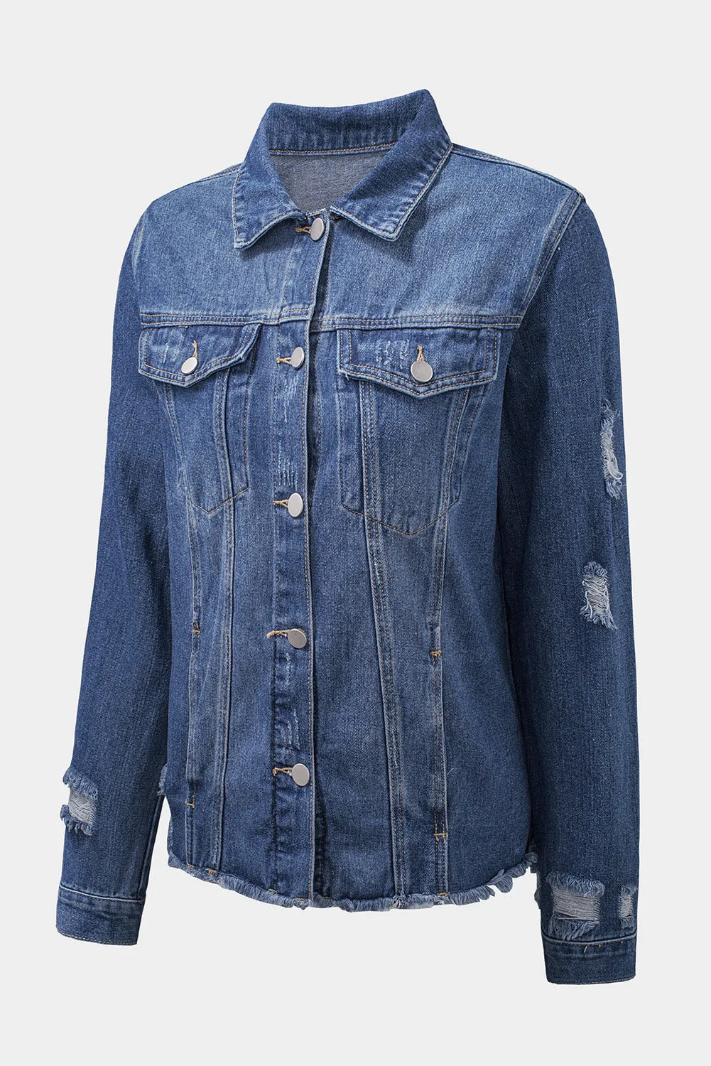 Women's Jean Jacket Long Sleeve Lapel Distressed Raw Hem Buttons Denim Coat