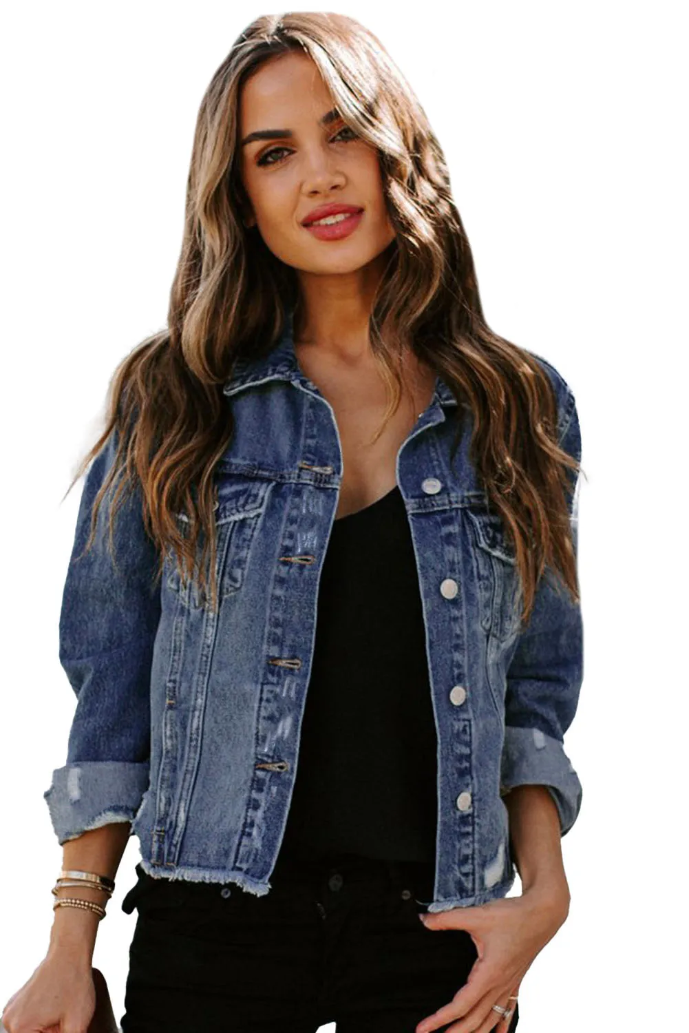 Women's Jean Jacket Long Sleeve Lapel Distressed Raw Hem Buttons Denim Coat