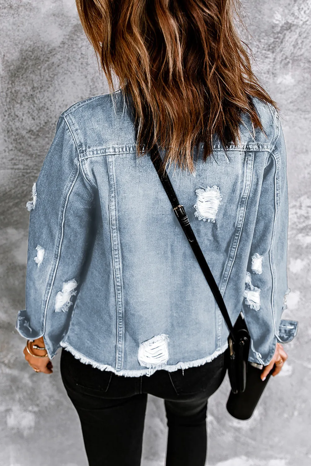 Women's Jean Jacket Long Sleeve Lapel Distressed Raw Hem Buttons Denim Coat