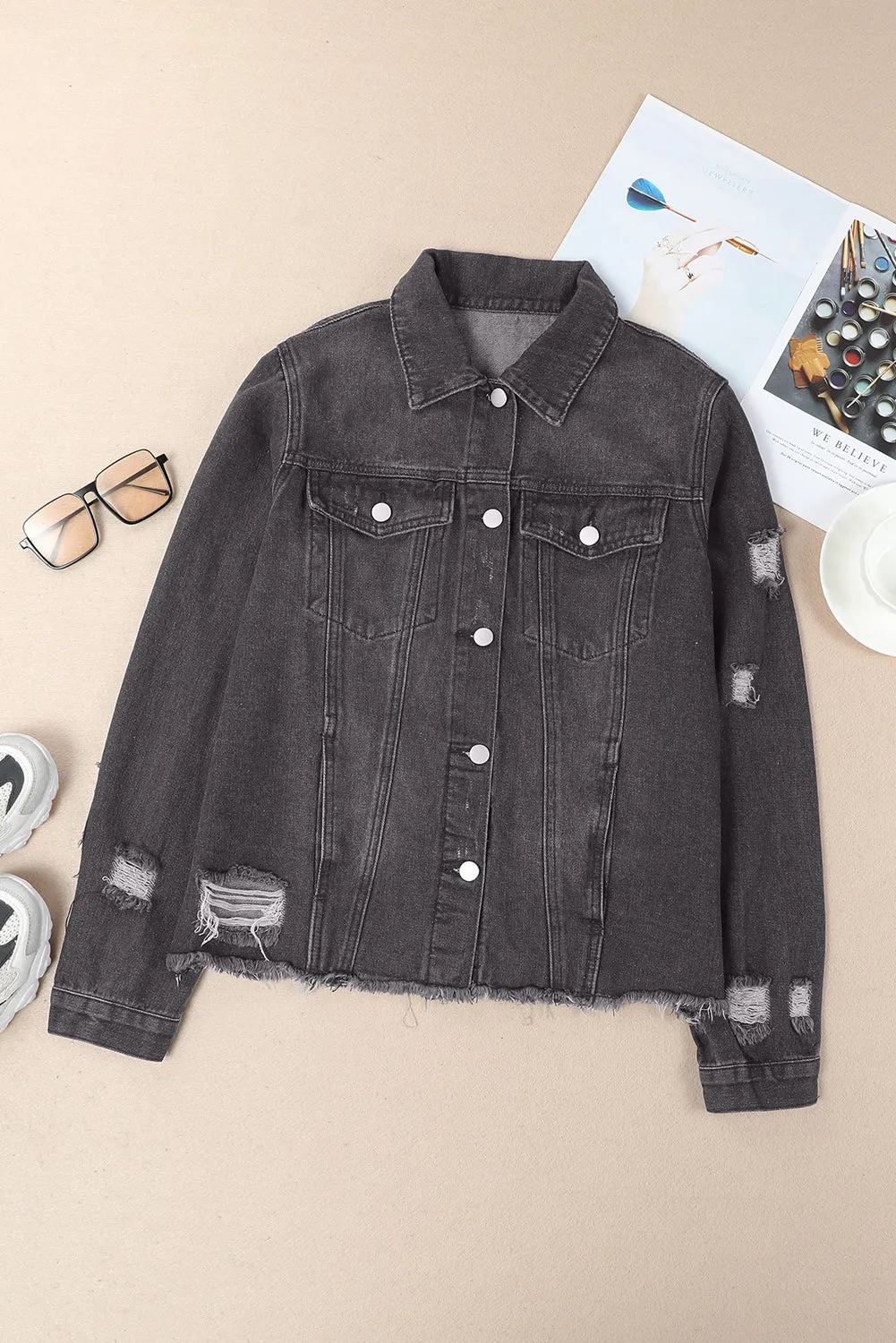 Women's Jean Jacket Long Sleeve Lapel Distressed Raw Hem Buttons Denim Coat