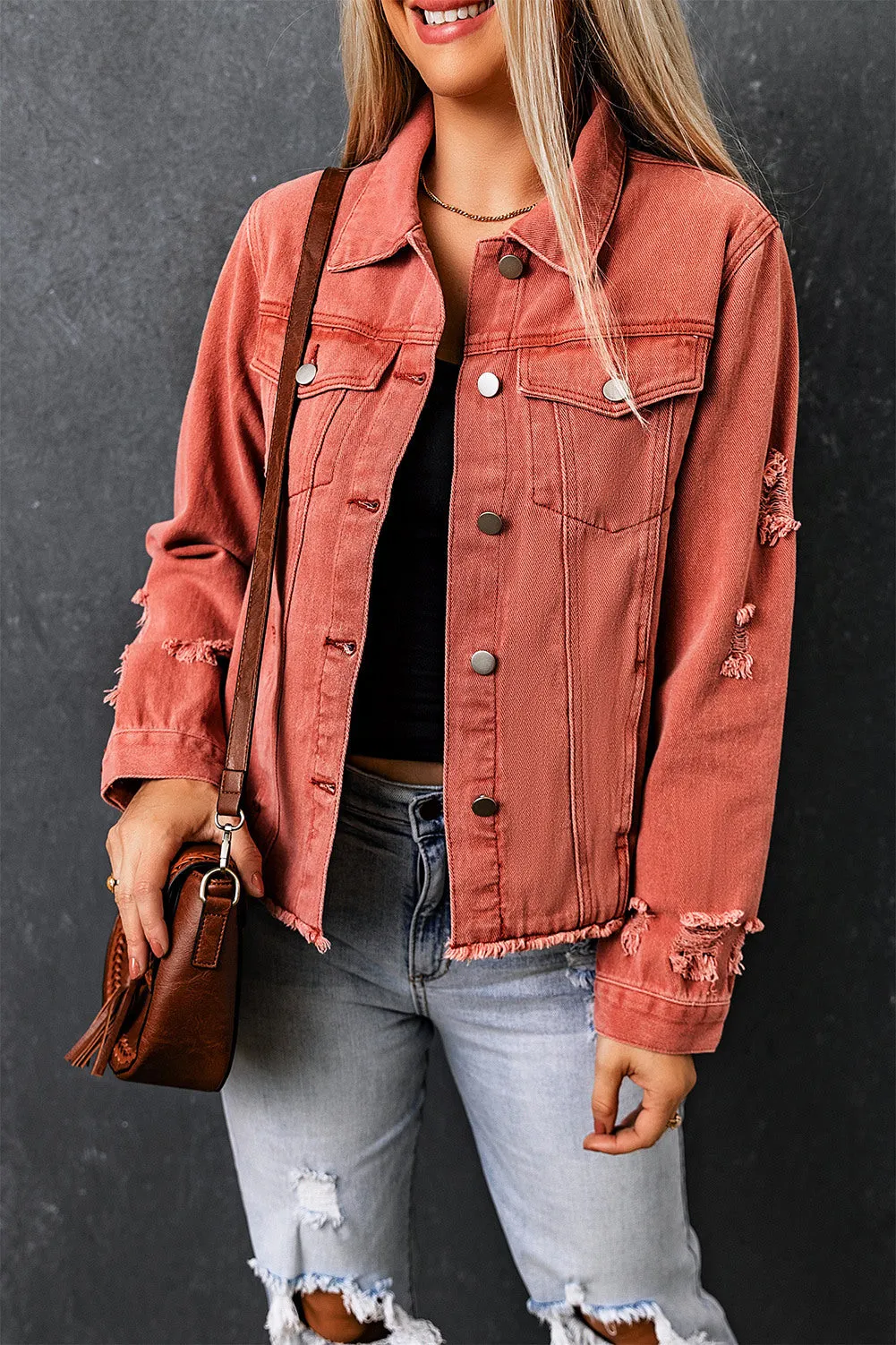 Women's Jean Jacket Long Sleeve Lapel Distressed Raw Hem Buttons Denim Coat