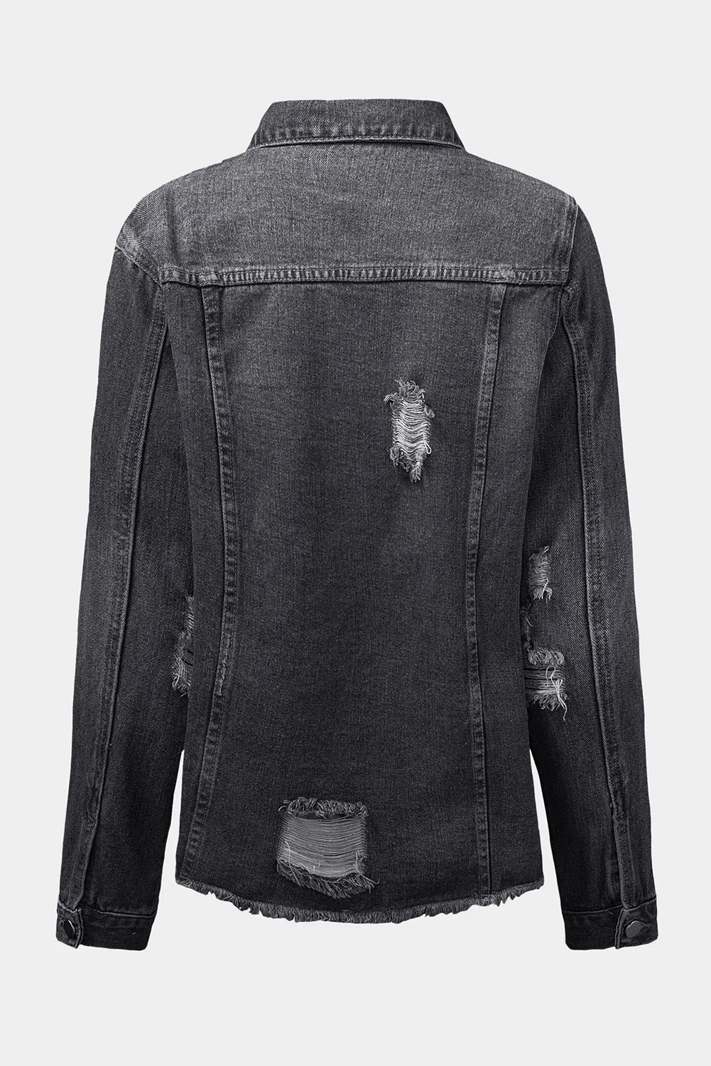 Women's Jean Jacket Long Sleeve Lapel Distressed Raw Hem Buttons Denim Coat