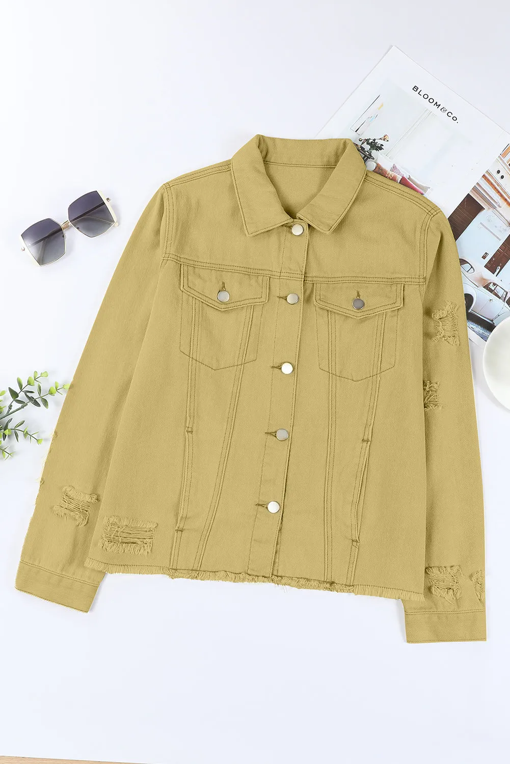 Women's Jean Jacket Long Sleeve Lapel Distressed Raw Hem Buttons Denim Coat