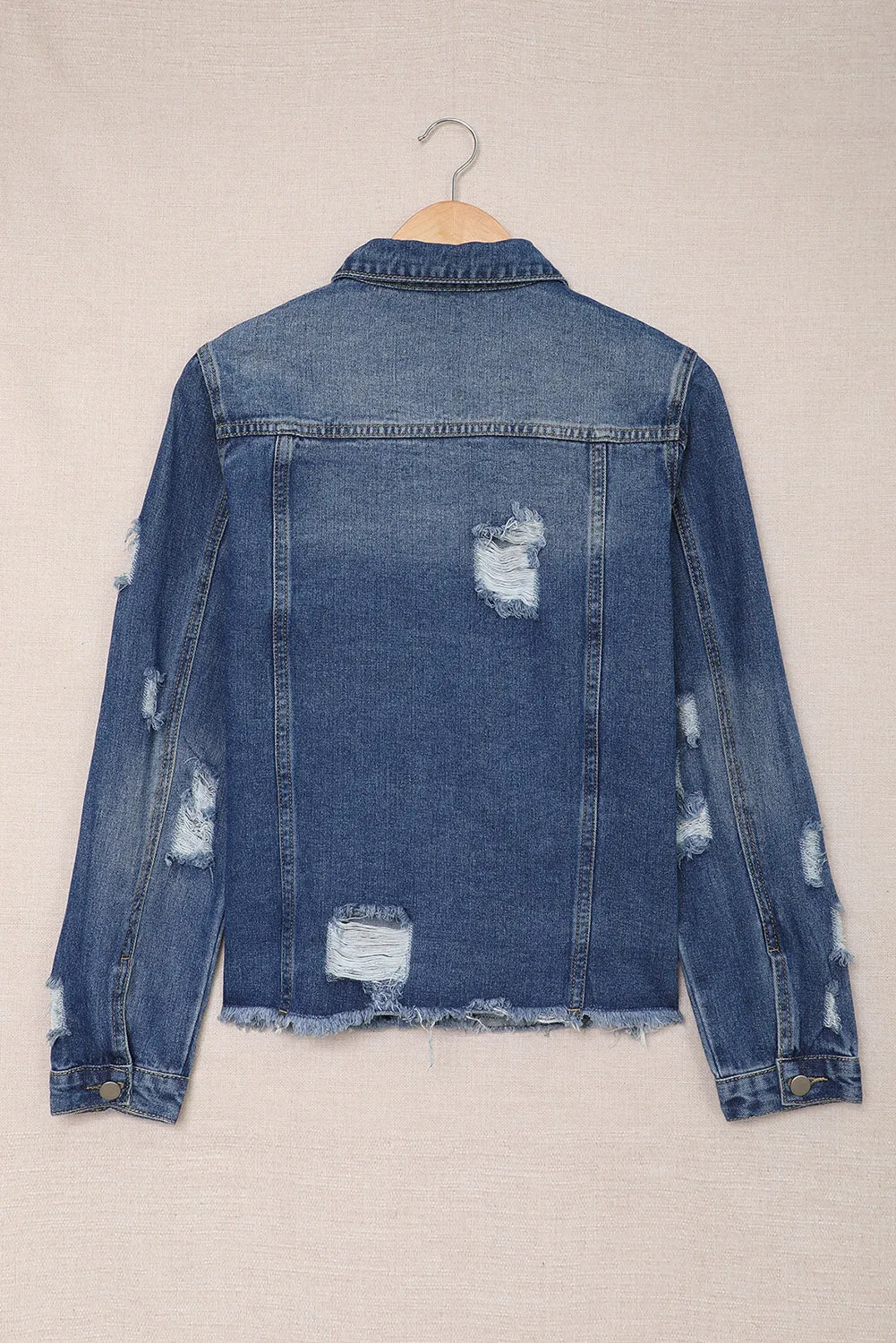 Women's Jean Jacket Long Sleeve Lapel Distressed Raw Hem Buttons Denim Coat