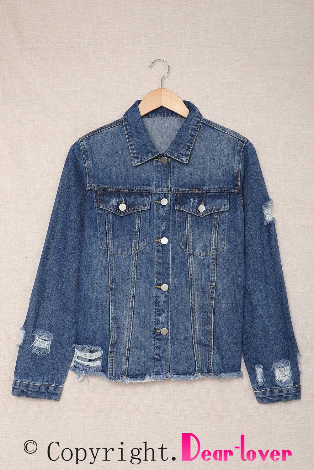 Women's Jean Jacket Long Sleeve Lapel Distressed Raw Hem Buttons Denim Coat