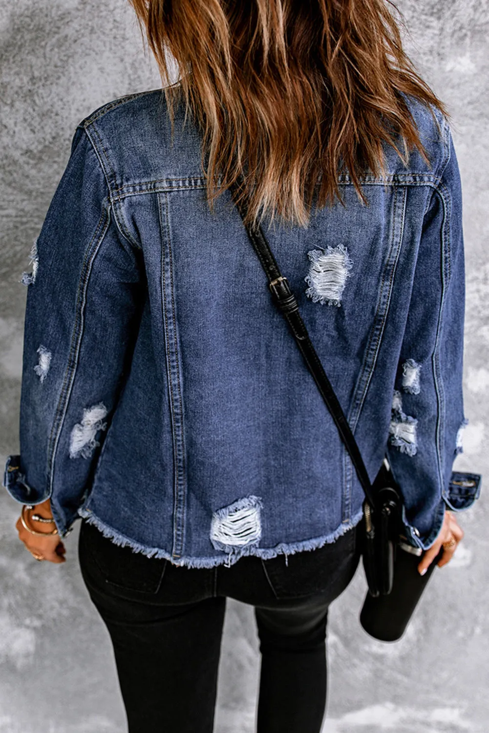 Women's Jean Jacket Long Sleeve Lapel Distressed Raw Hem Buttons Denim Coat