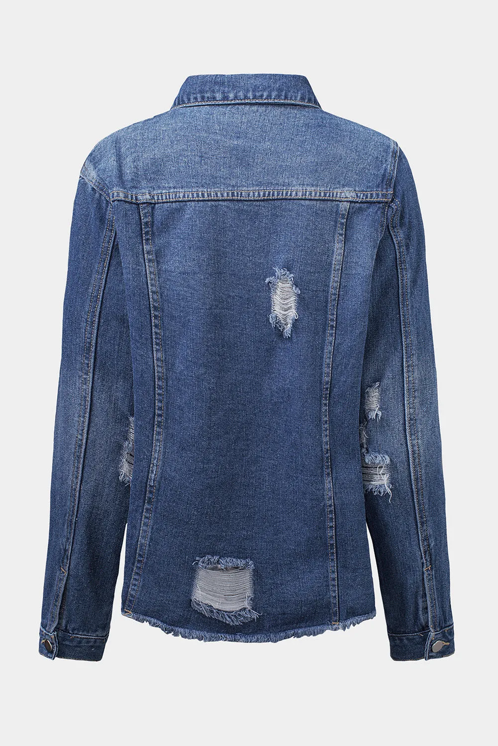 Women's Jean Jacket Long Sleeve Lapel Distressed Raw Hem Buttons Denim Coat