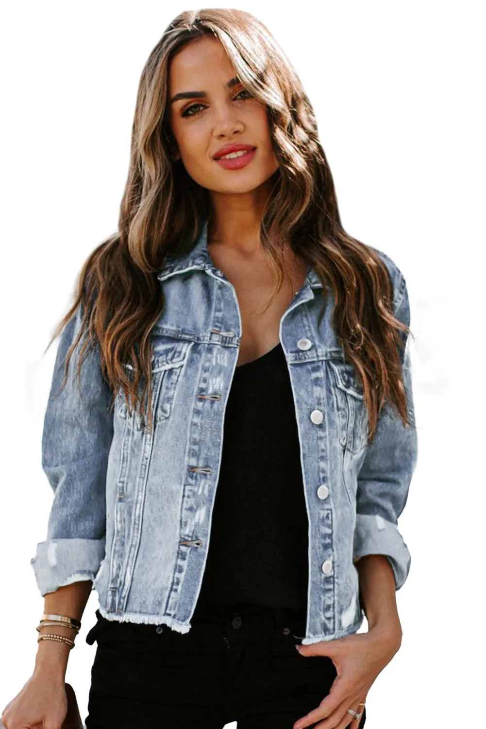 Women's Jean Jacket Long Sleeve Lapel Distressed Raw Hem Buttons Denim Coat