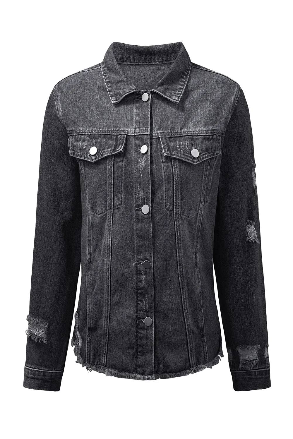 Women's Jean Jacket Long Sleeve Lapel Distressed Raw Hem Buttons Denim Coat