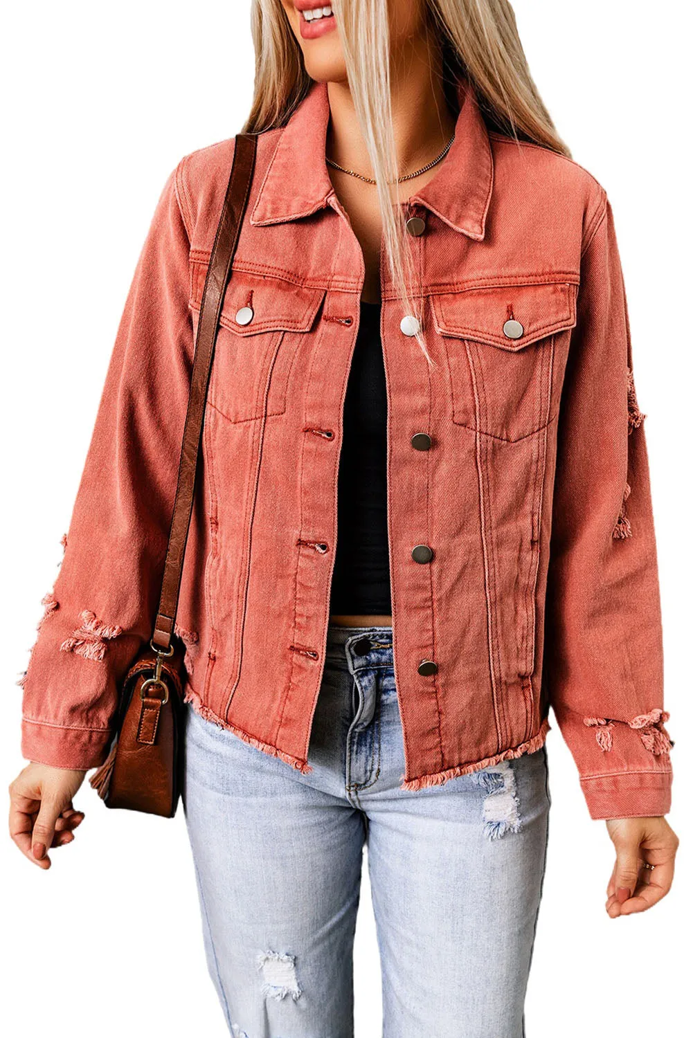 Women's Jean Jacket Long Sleeve Lapel Distressed Raw Hem Buttons Denim Coat