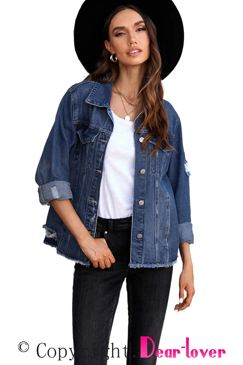 Women's Jean Jacket Long Sleeve Lapel Distressed Raw Hem Buttons Denim Coat