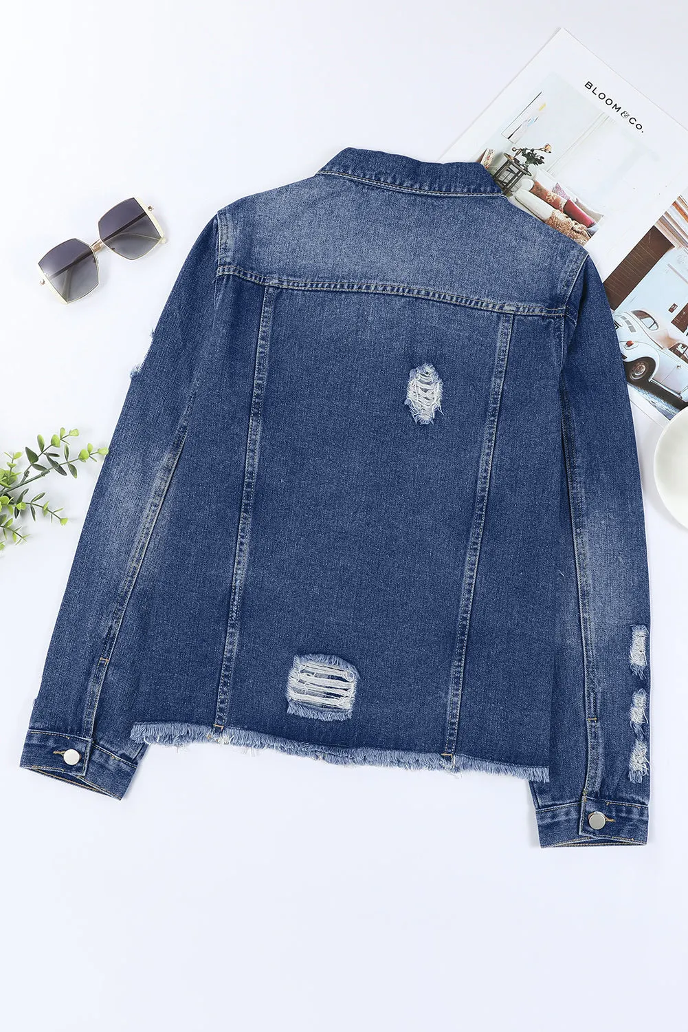 Women's Jean Jacket Long Sleeve Lapel Distressed Raw Hem Buttons Denim Coat