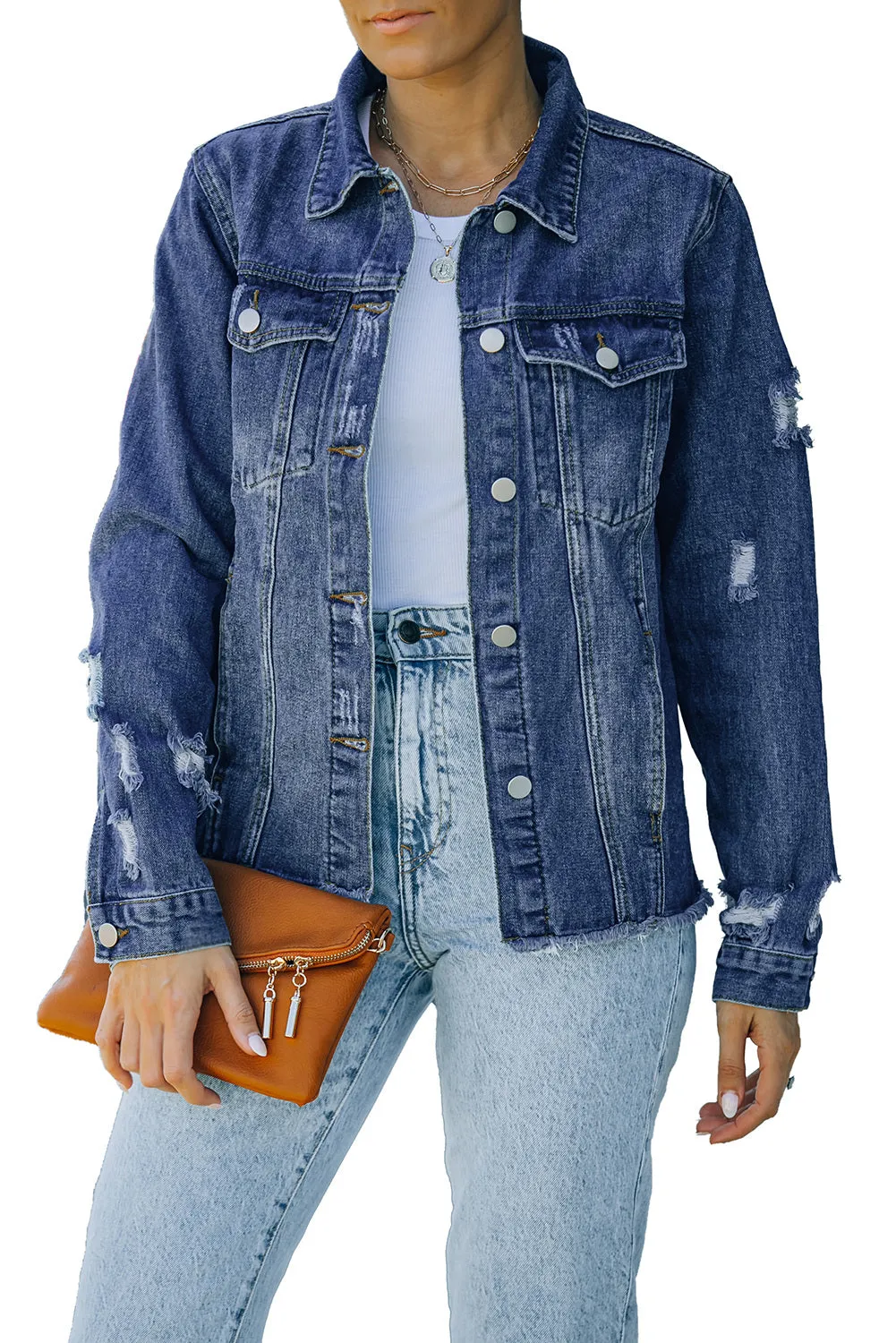 Women's Jean Jacket Long Sleeve Lapel Distressed Raw Hem Buttons Denim Coat