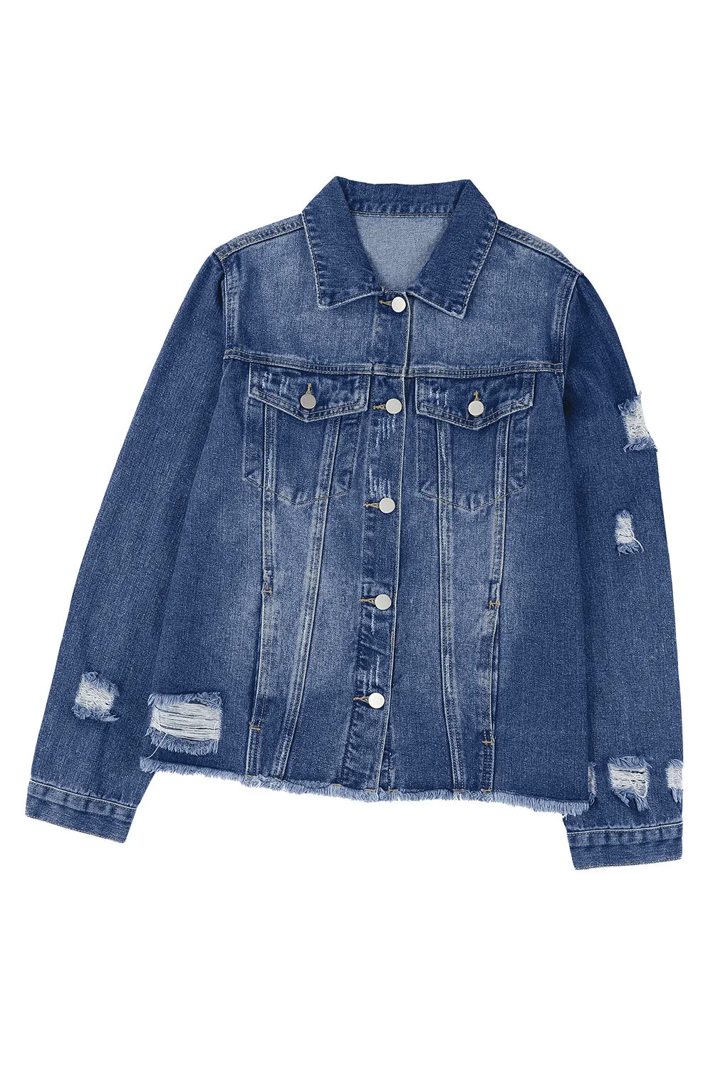 Women's Jean Jacket Long Sleeve Lapel Distressed Raw Hem Buttons Denim Coat