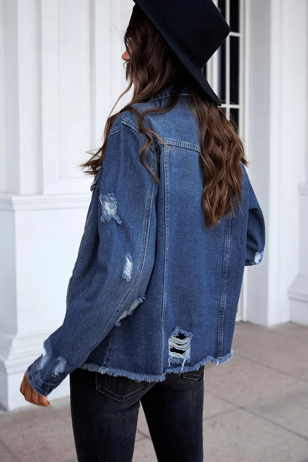 Women's Jean Jacket Long Sleeve Lapel Distressed Raw Hem Buttons Denim Coat