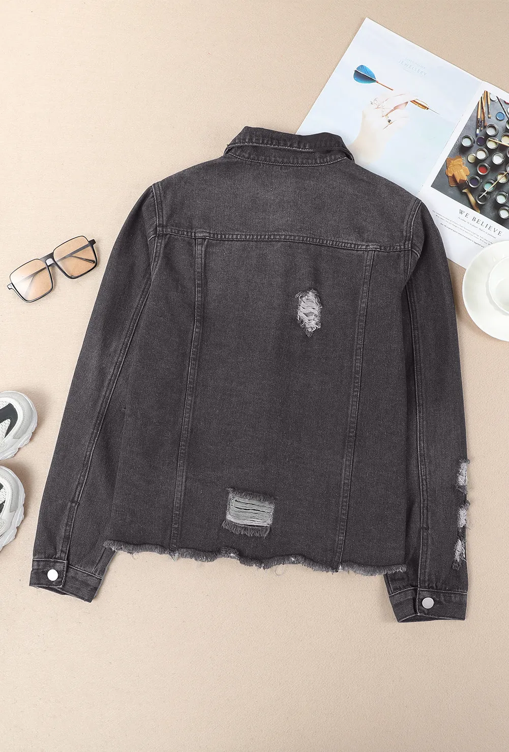 Women's Jean Jacket Long Sleeve Lapel Distressed Raw Hem Buttons Denim Coat