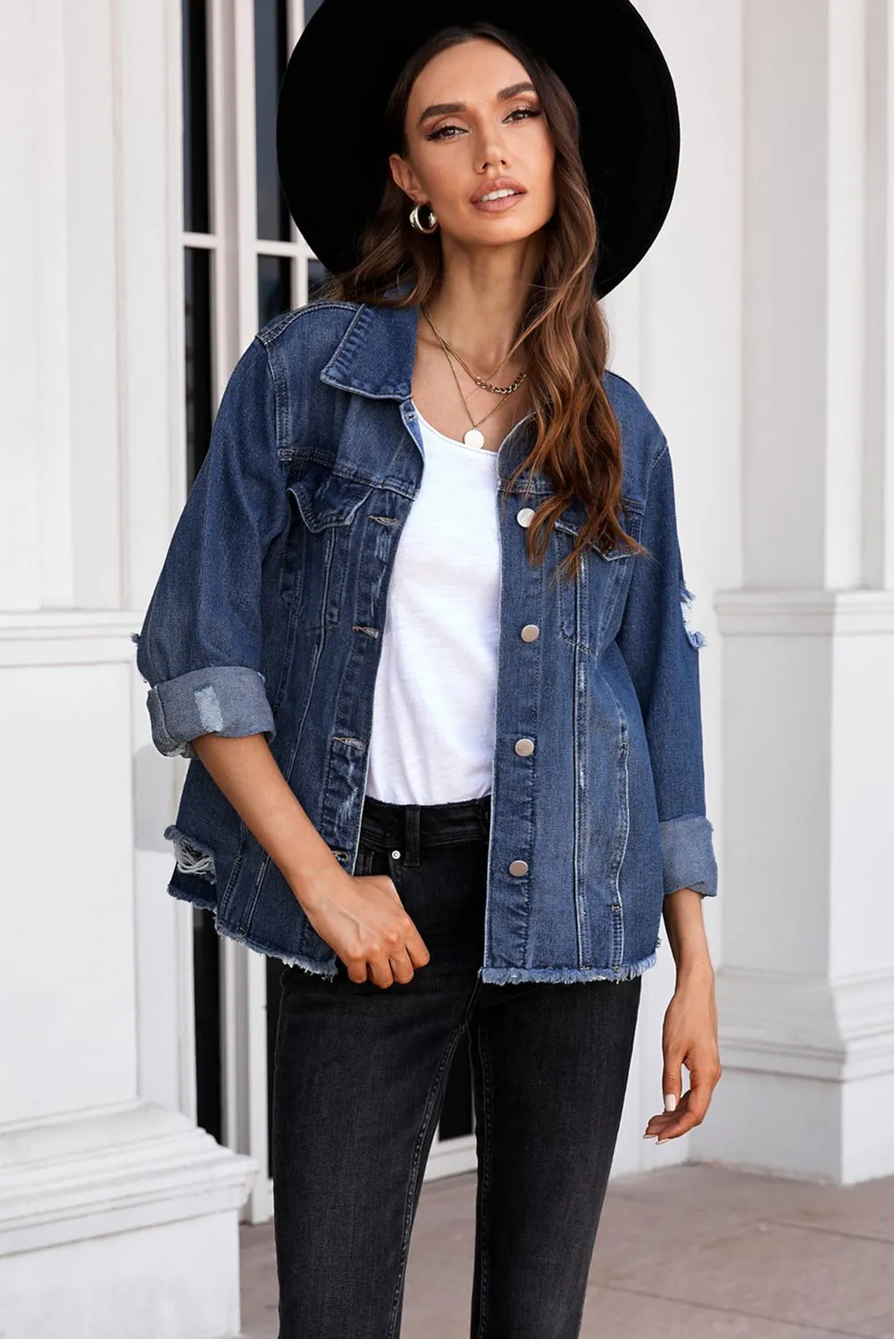 Women's Jean Jacket Long Sleeve Lapel Distressed Raw Hem Buttons Denim Coat