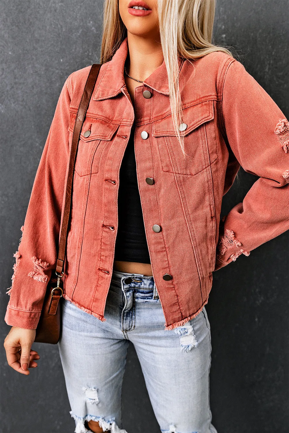 Women's Jean Jacket Long Sleeve Lapel Distressed Raw Hem Buttons Denim Coat