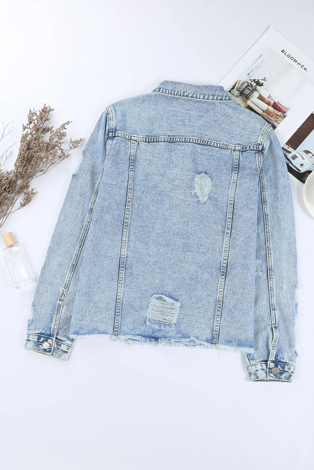 Women's Jean Jacket Long Sleeve Lapel Distressed Raw Hem Buttons Denim Coat