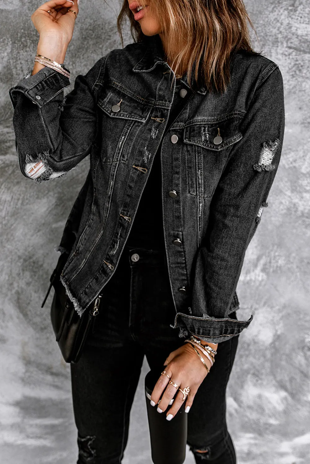 Women's Jean Jacket Long Sleeve Lapel Distressed Raw Hem Buttons Denim Coat