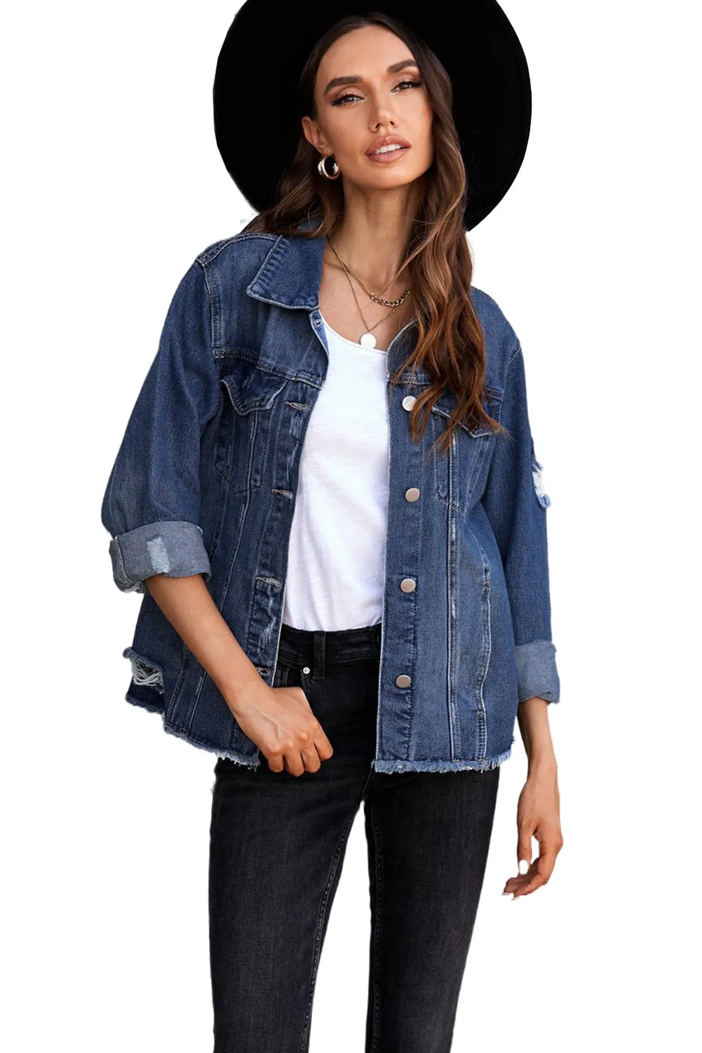 Women's Jean Jacket Long Sleeve Lapel Distressed Raw Hem Buttons Denim Coat