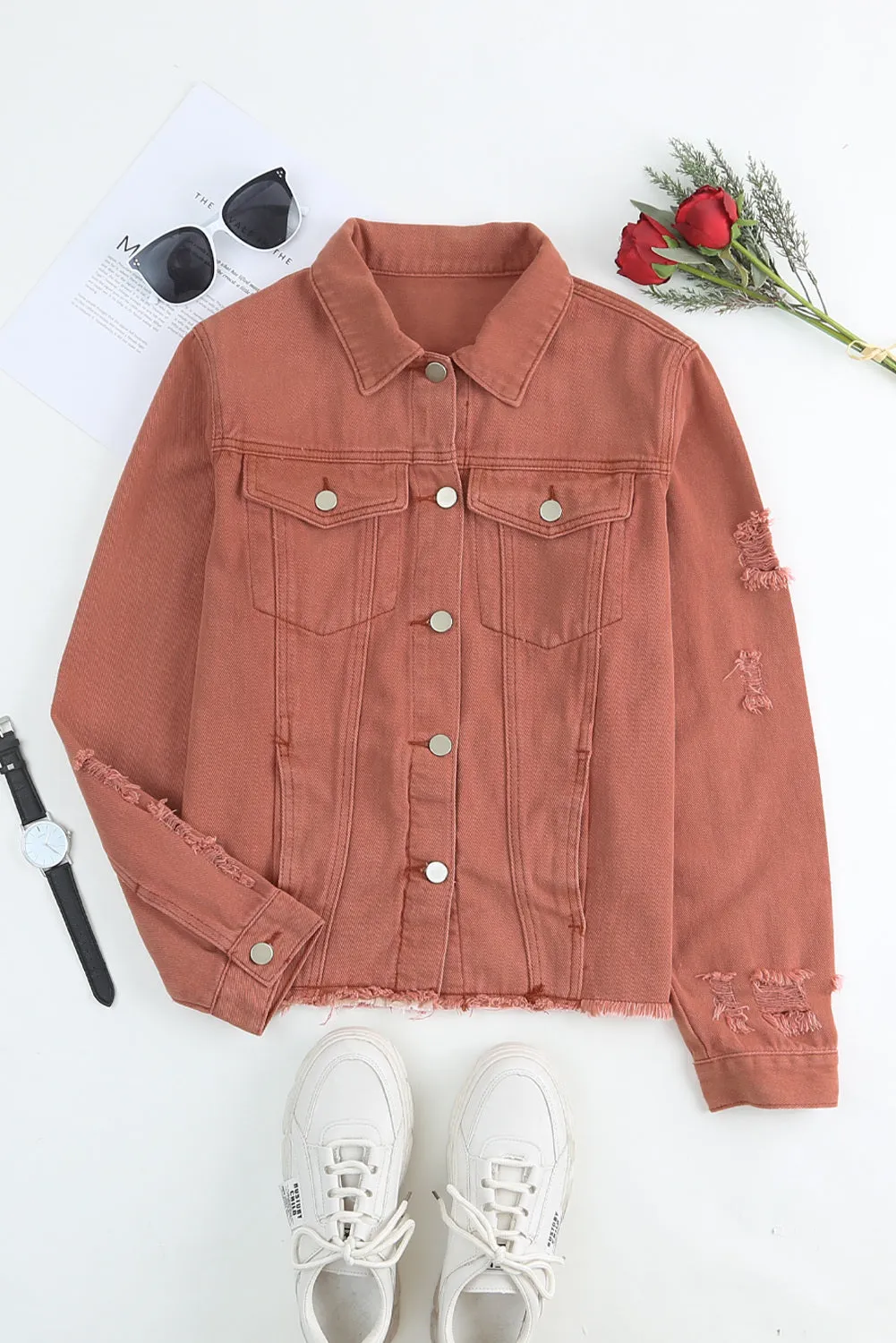 Women's Jean Jacket Long Sleeve Lapel Distressed Raw Hem Buttons Denim Coat