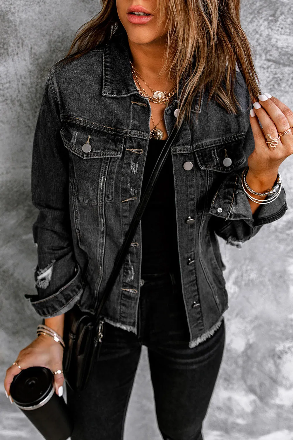 Women's Jean Jacket Long Sleeve Lapel Distressed Raw Hem Buttons Denim Coat