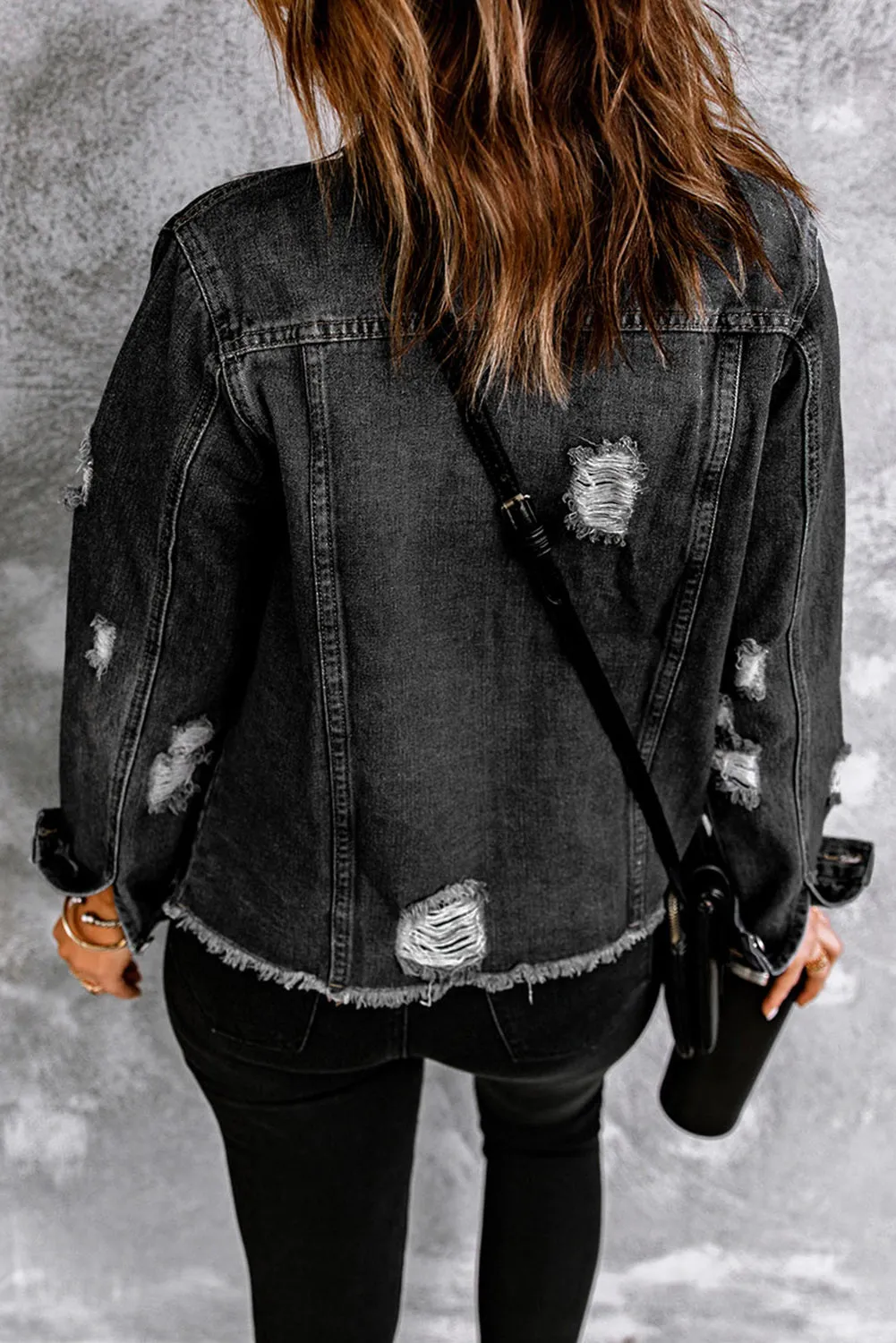 Women's Jean Jacket Long Sleeve Lapel Distressed Raw Hem Buttons Denim Coat