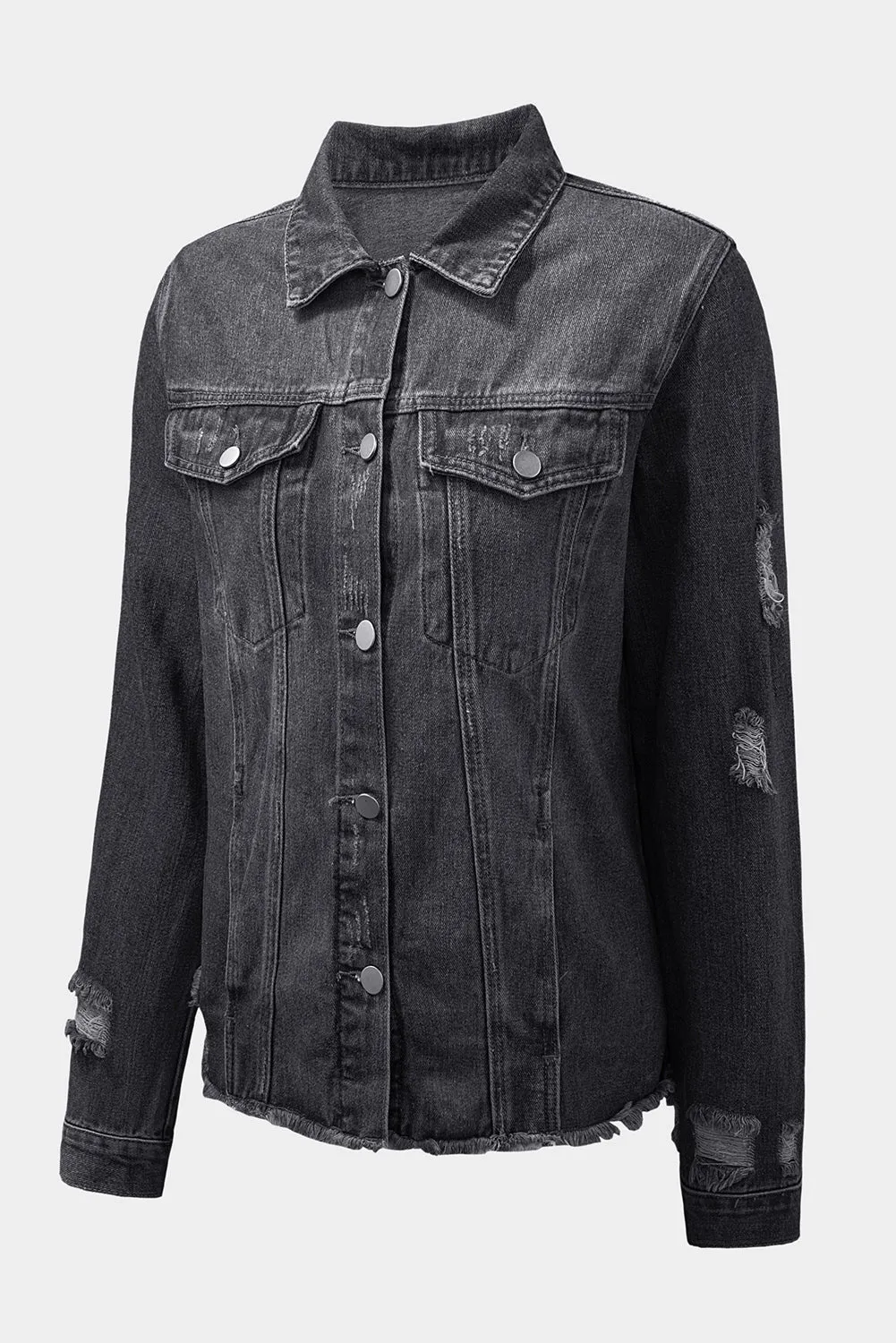 Women's Jean Jacket Long Sleeve Lapel Distressed Raw Hem Buttons Denim Coat