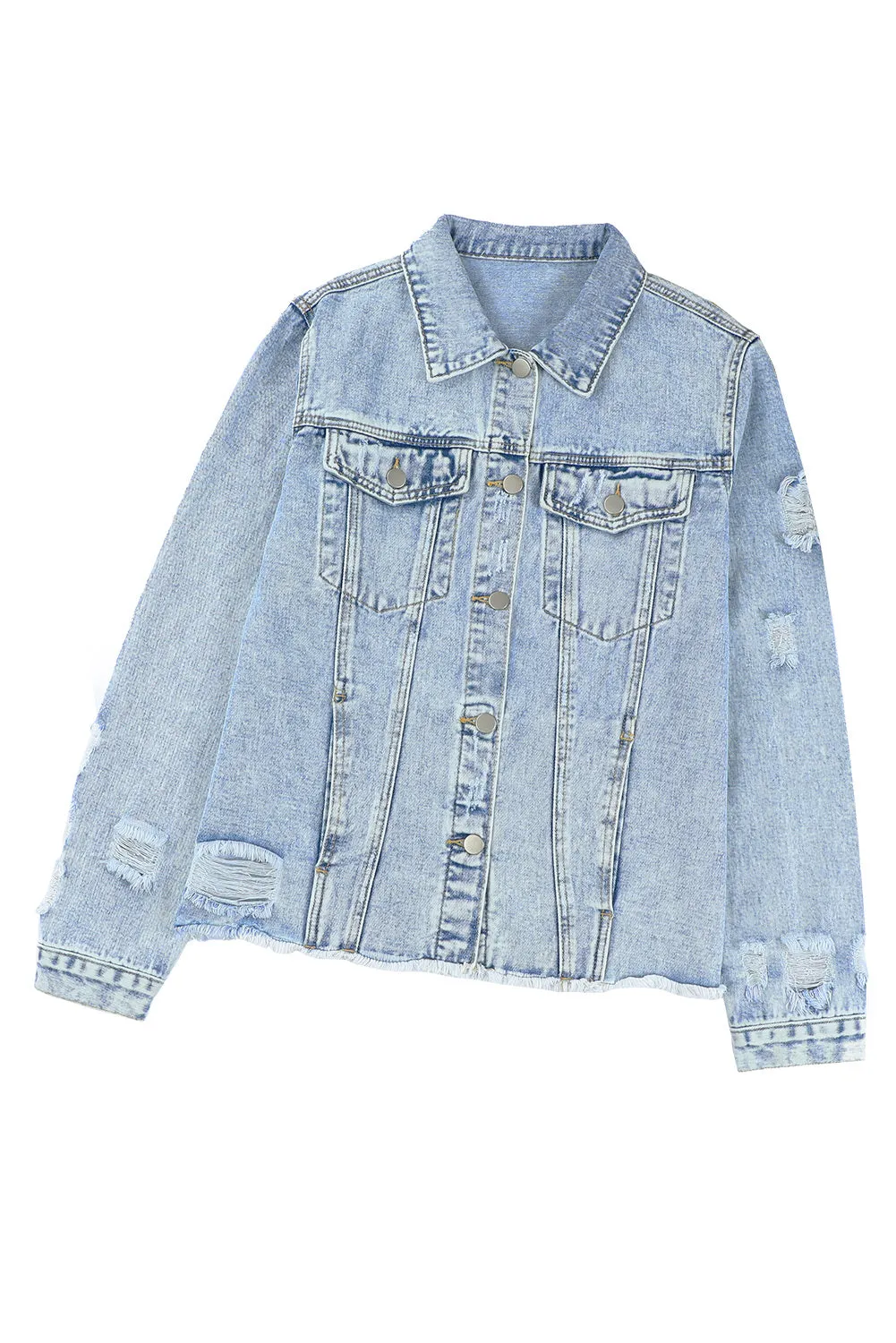 Women's Jean Jacket Long Sleeve Lapel Distressed Raw Hem Buttons Denim Coat