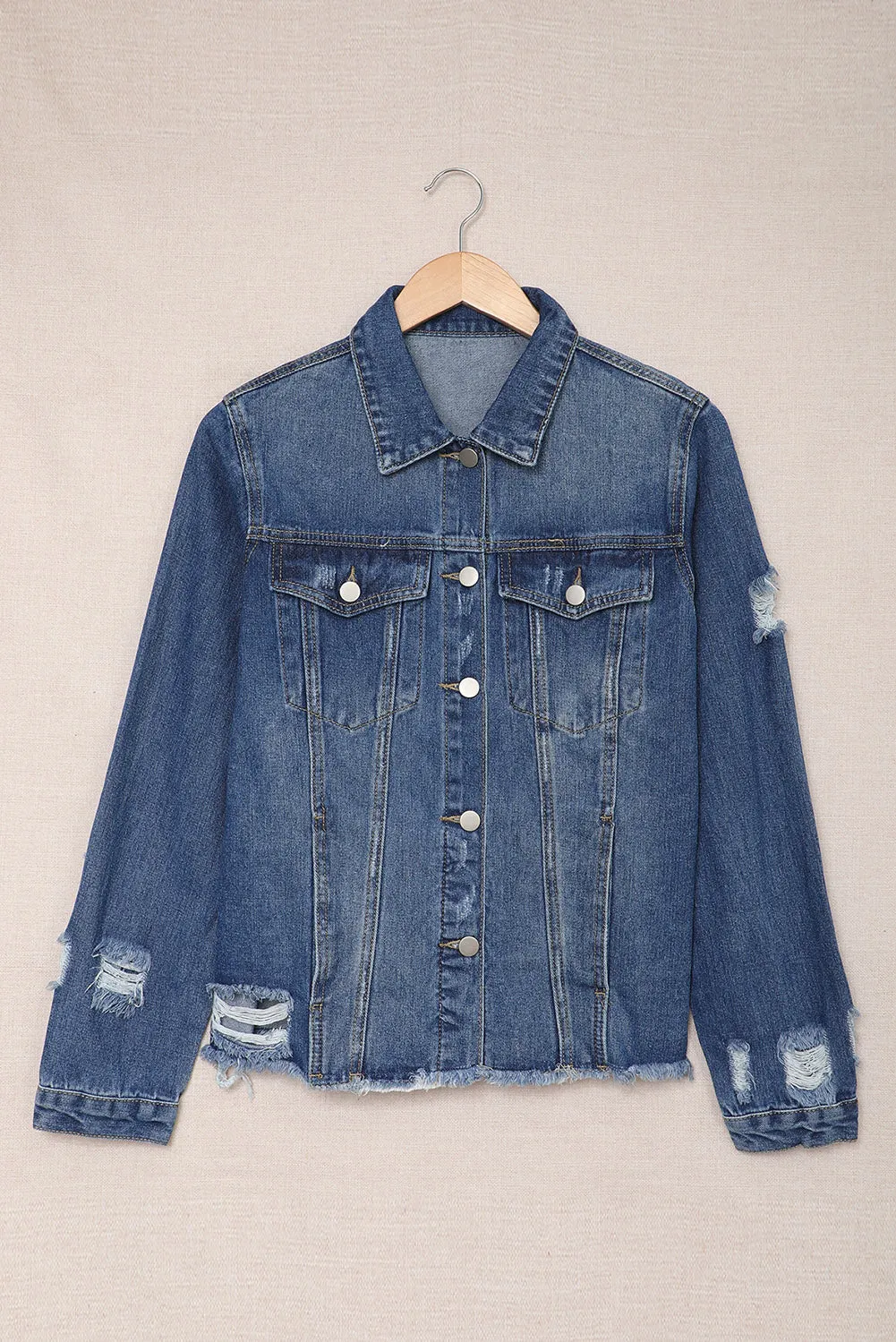 Women's Jean Jacket Long Sleeve Lapel Distressed Raw Hem Buttons Denim Coat