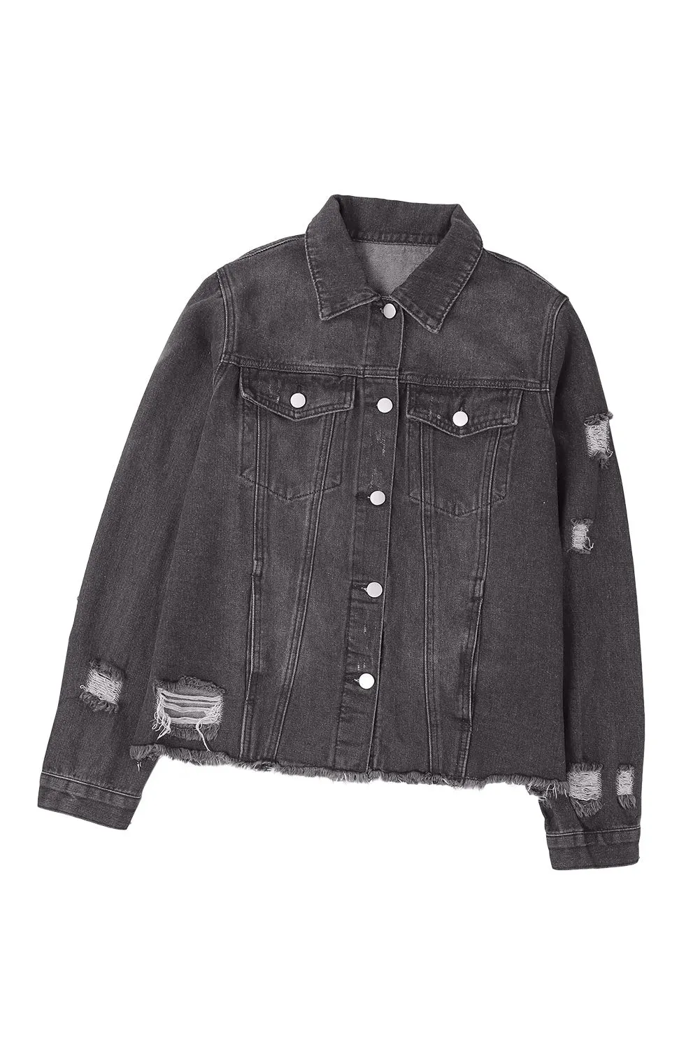 Women's Jean Jacket Long Sleeve Lapel Distressed Raw Hem Buttons Denim Coat