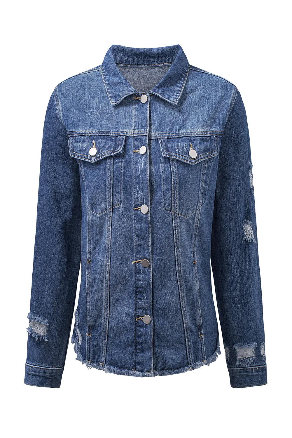 Women's Jean Jacket Long Sleeve Lapel Distressed Raw Hem Buttons Denim Coat