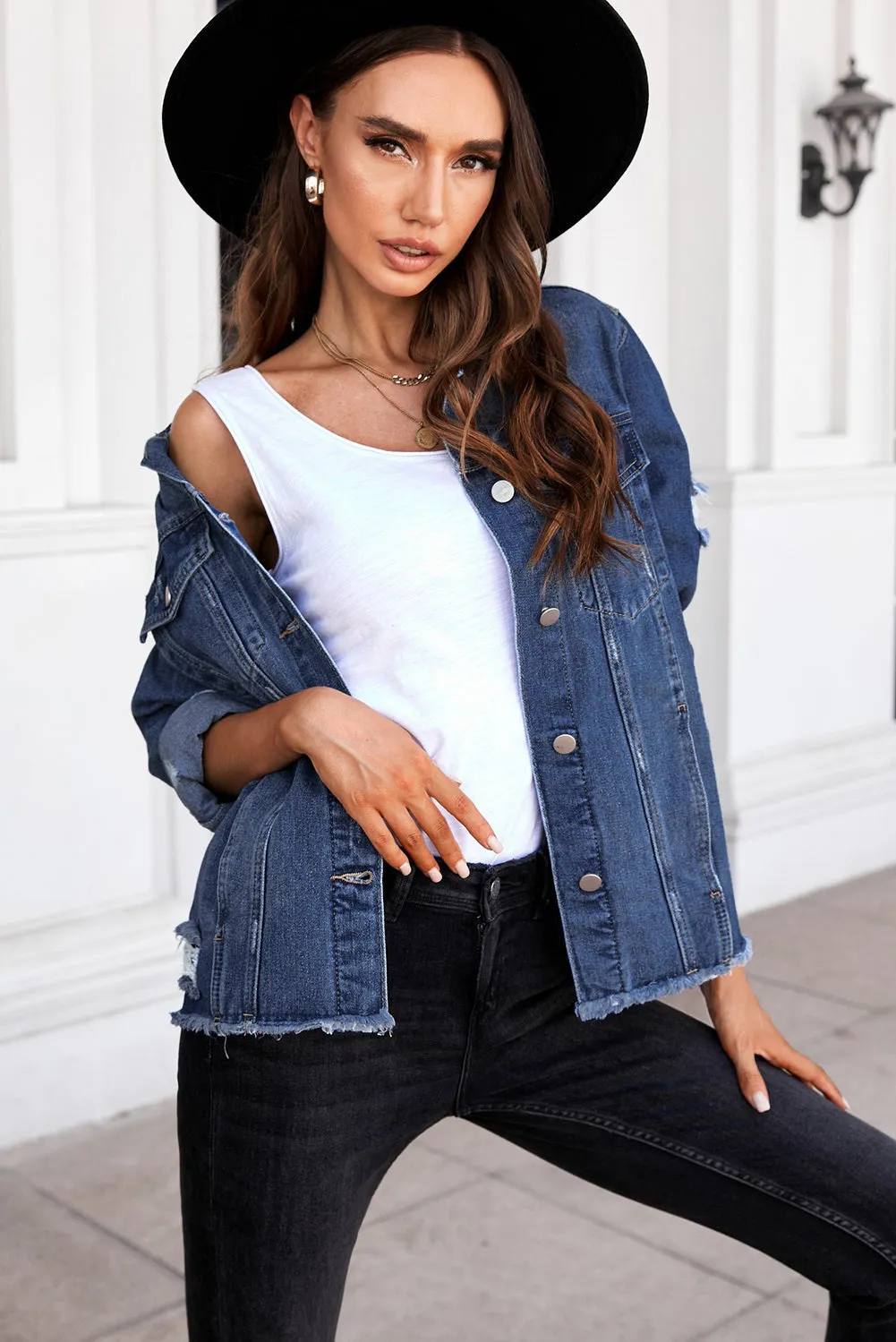 Women's Jean Jacket Long Sleeve Lapel Distressed Raw Hem Buttons Denim Coat