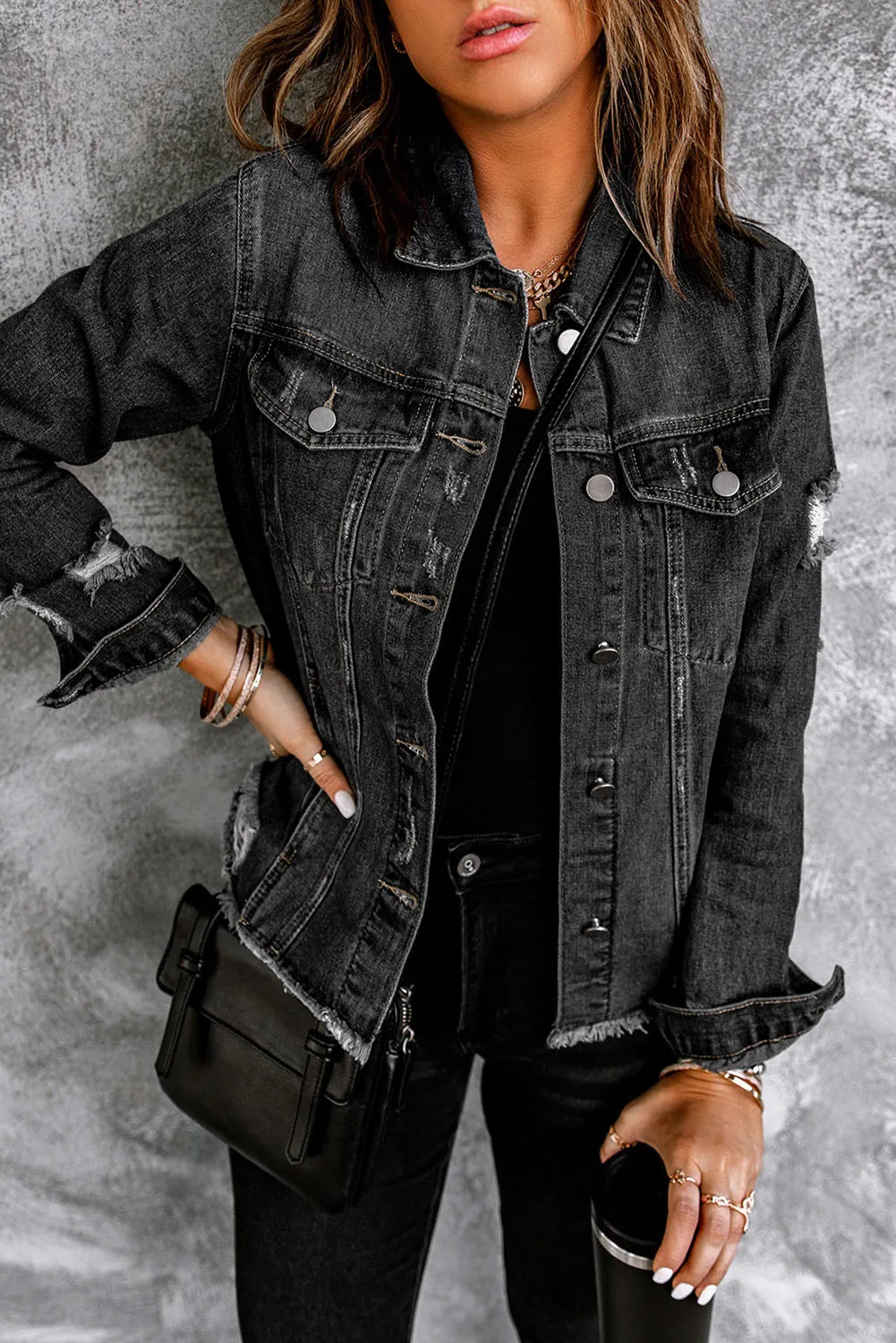 Women's Jean Jacket Long Sleeve Lapel Distressed Raw Hem Buttons Denim Coat