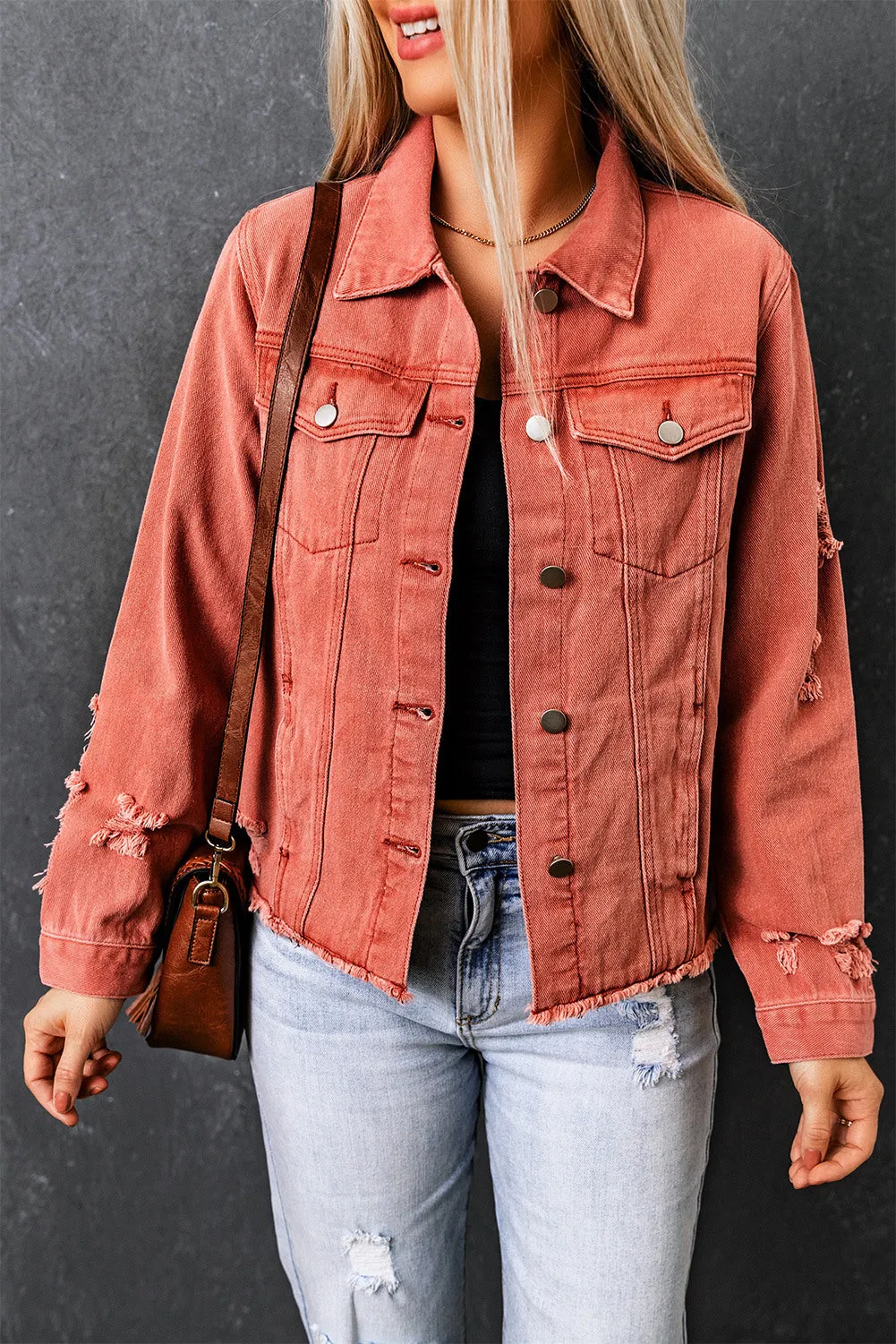 Women's Jean Jacket Long Sleeve Lapel Distressed Raw Hem Buttons Denim Coat